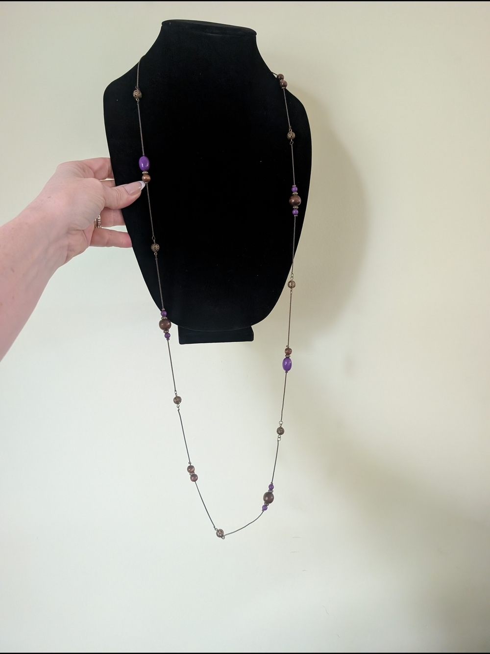 Elegant Purple and Bronze Beaded Long Necklace - Women Jewelry - Picture 4 of 8